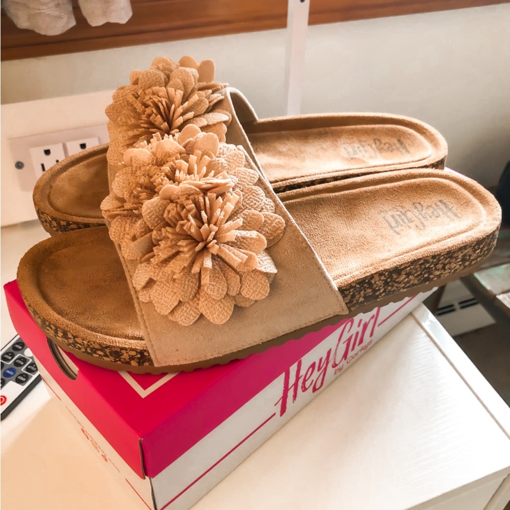 Corky’s Wild Child - Tan Slide Sandals with Floral Embellishments